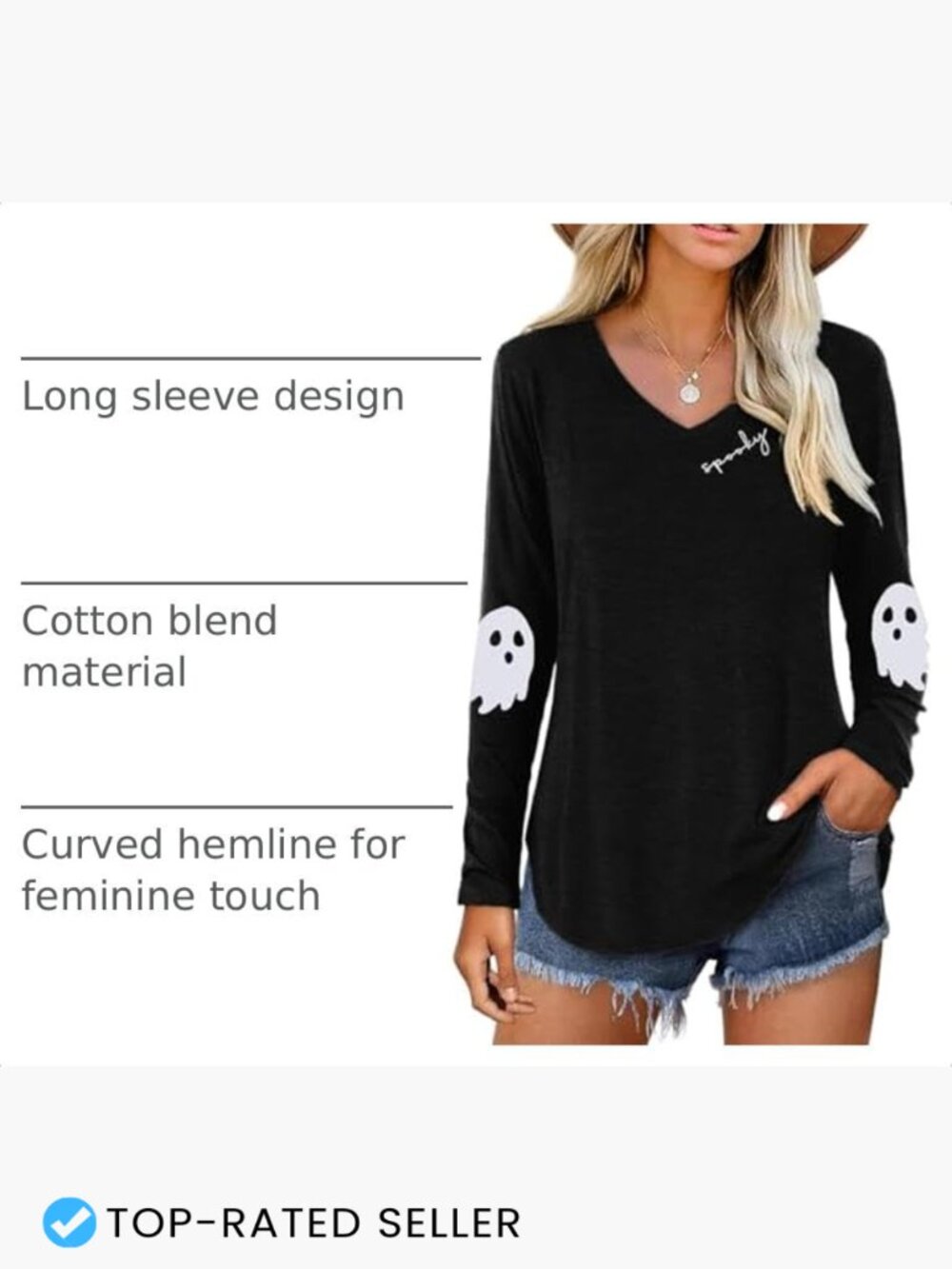 Womens Halloween Ghost Graphic V Neck Long Sleeve Shirt Fall Thanksgiving Tee - Picture 4 of 7
